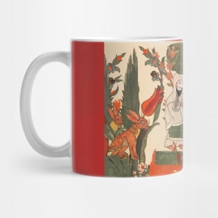 FOREST ANIMALS ,BATTLING RAMS, RED FOX, RABBITS AND ASCETIC AMONG TULIPS ,FLOWERS, GREEN LEAVES Mug